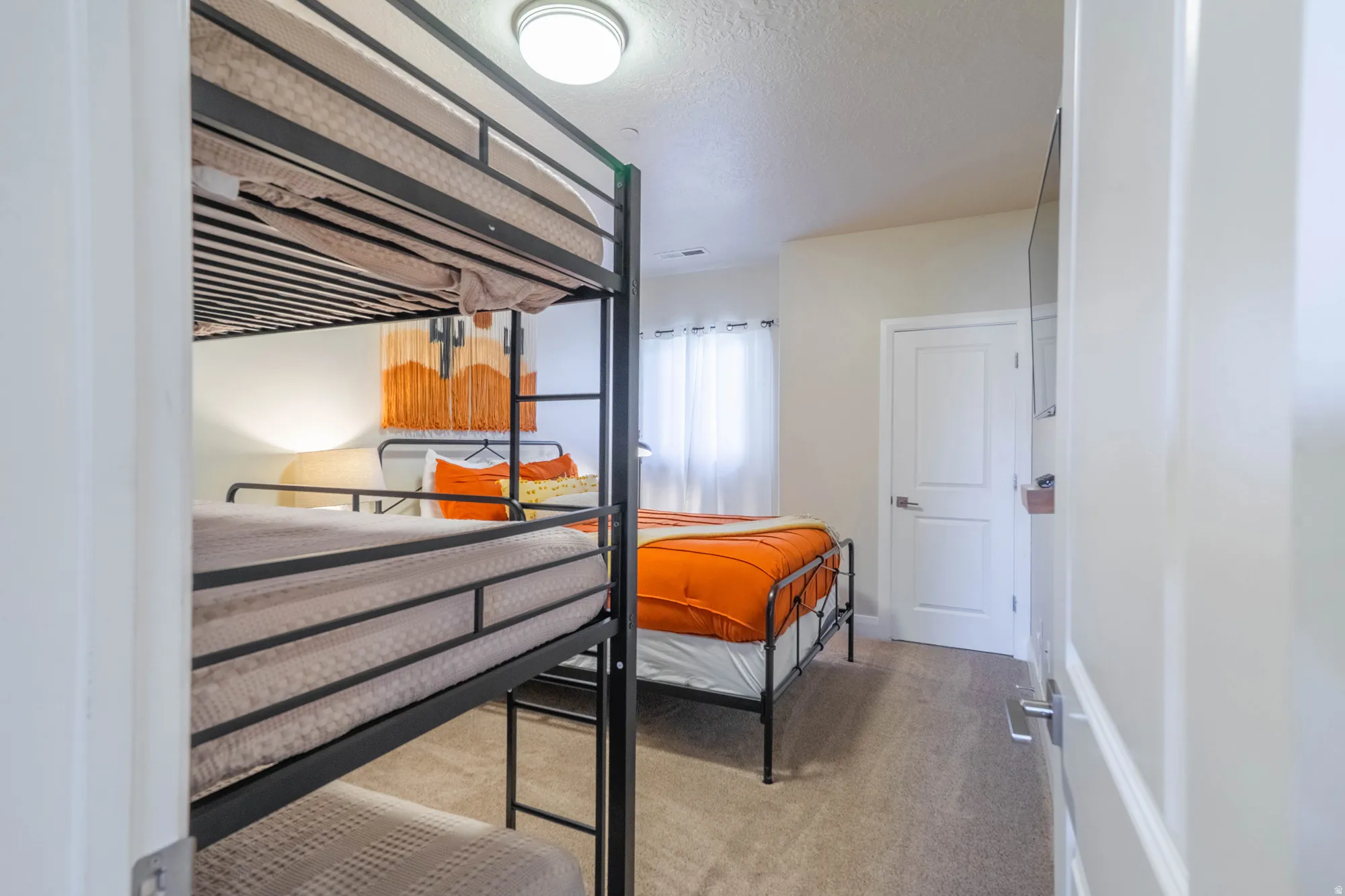 Carpeted flooring, white interior doors, and a ceiling-mounted light fixture