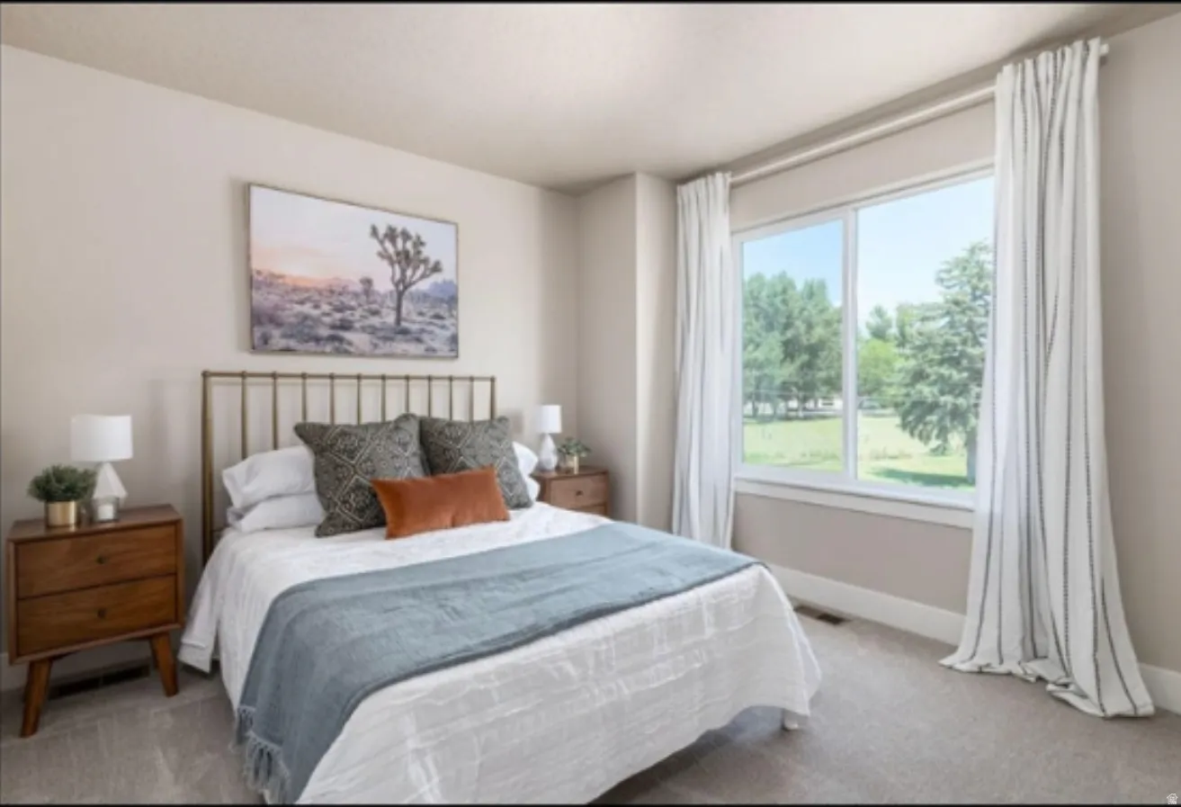 Wall-to-wall carpeting with light-toned walls and a large window