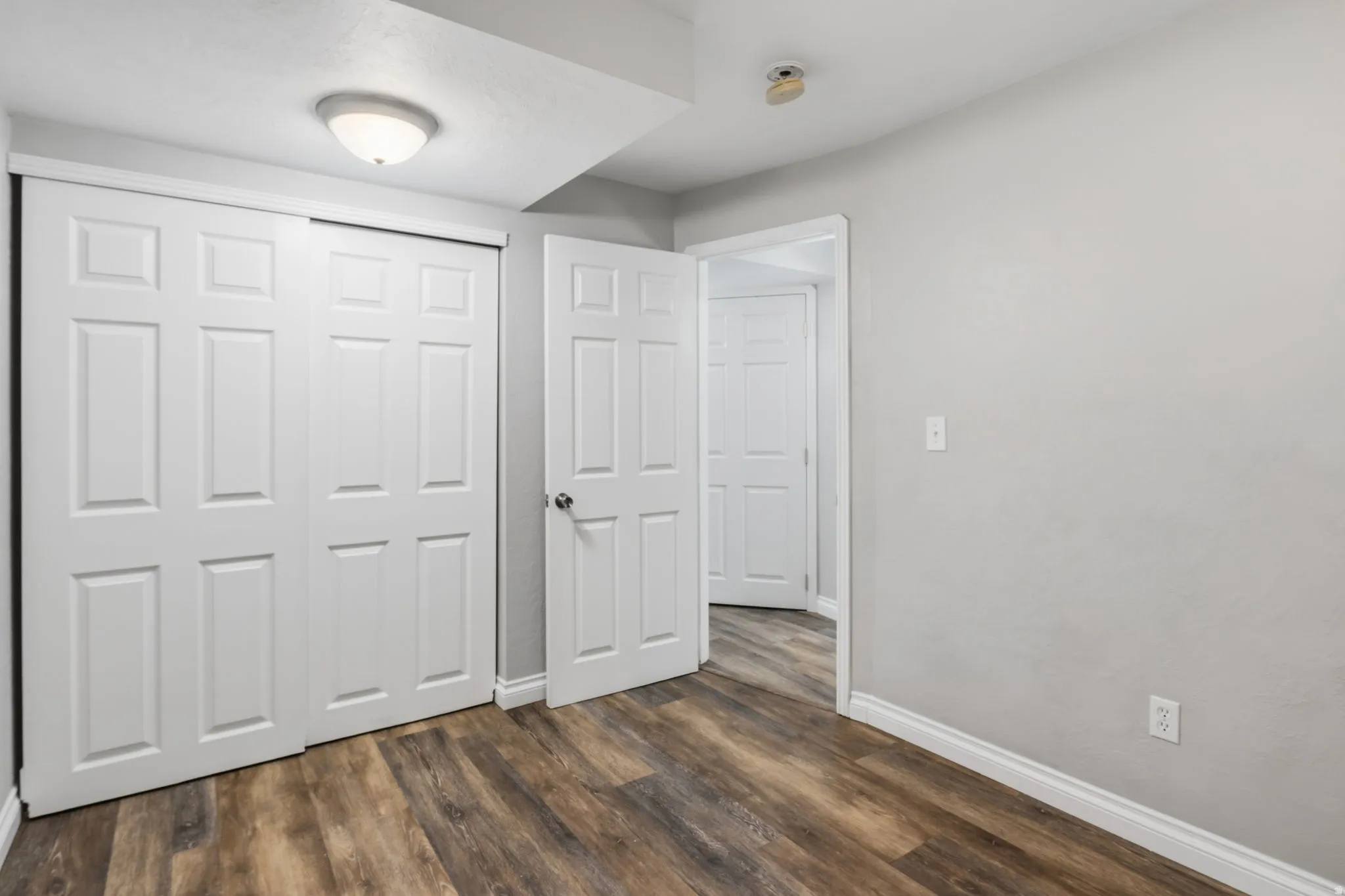 Wood-finish flooring, white paneled doors, ceiling-mounted light fixture, and light-toned wall paint