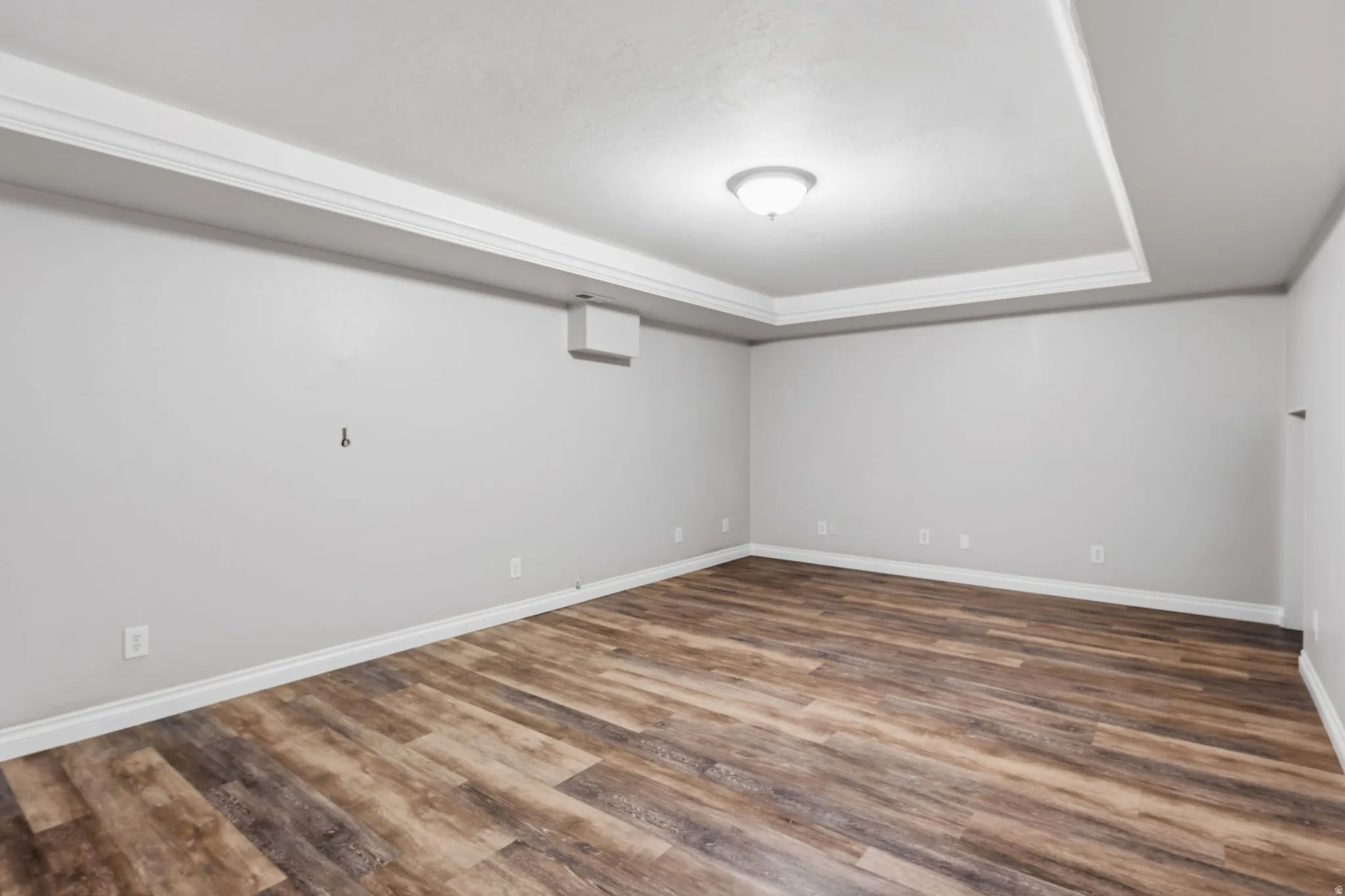 Spacious room featuring wood-finish flooring, light grey walls, and a recessed ceiling with decorative trim