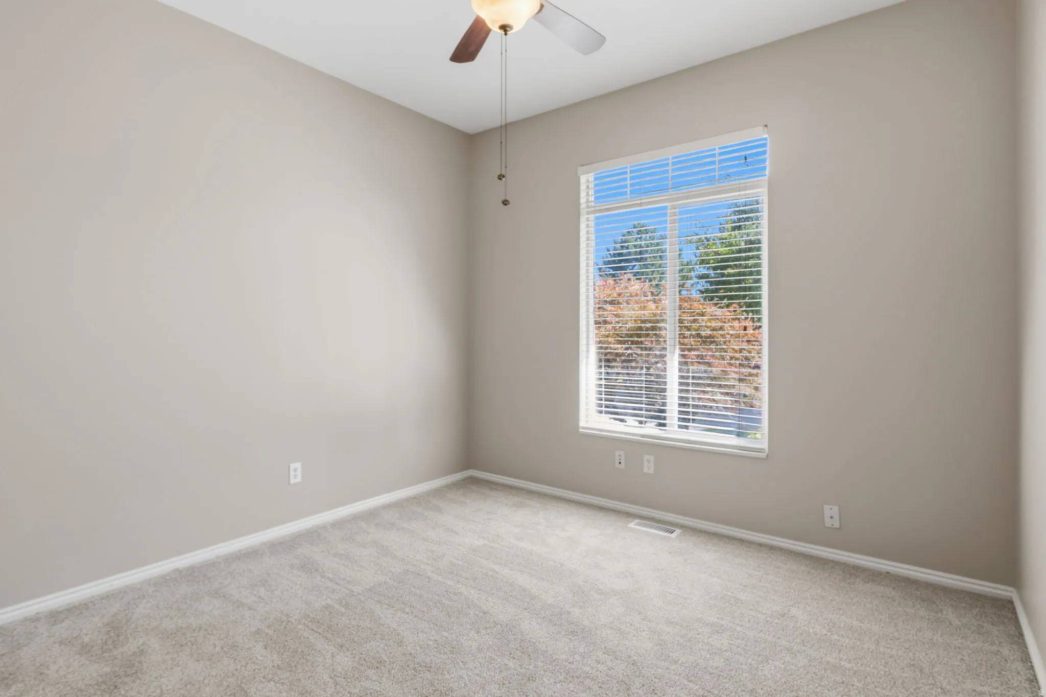 Neutral-toned walls and plush carpet flooring