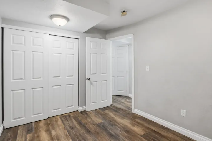 Wood-finish flooring, white paneled doors, ceiling-mounted light fixture, and light-toned wall paint