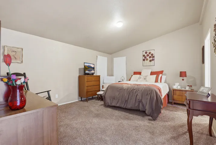 Vaulted ceiling with an overhead light fixture and carpeted flooring