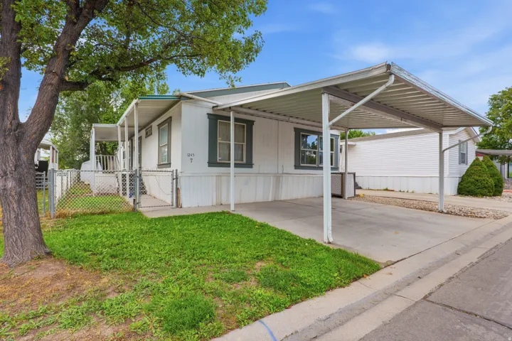 Covered carport, concrete driveway, white siding, fenced side yard, mature tree
