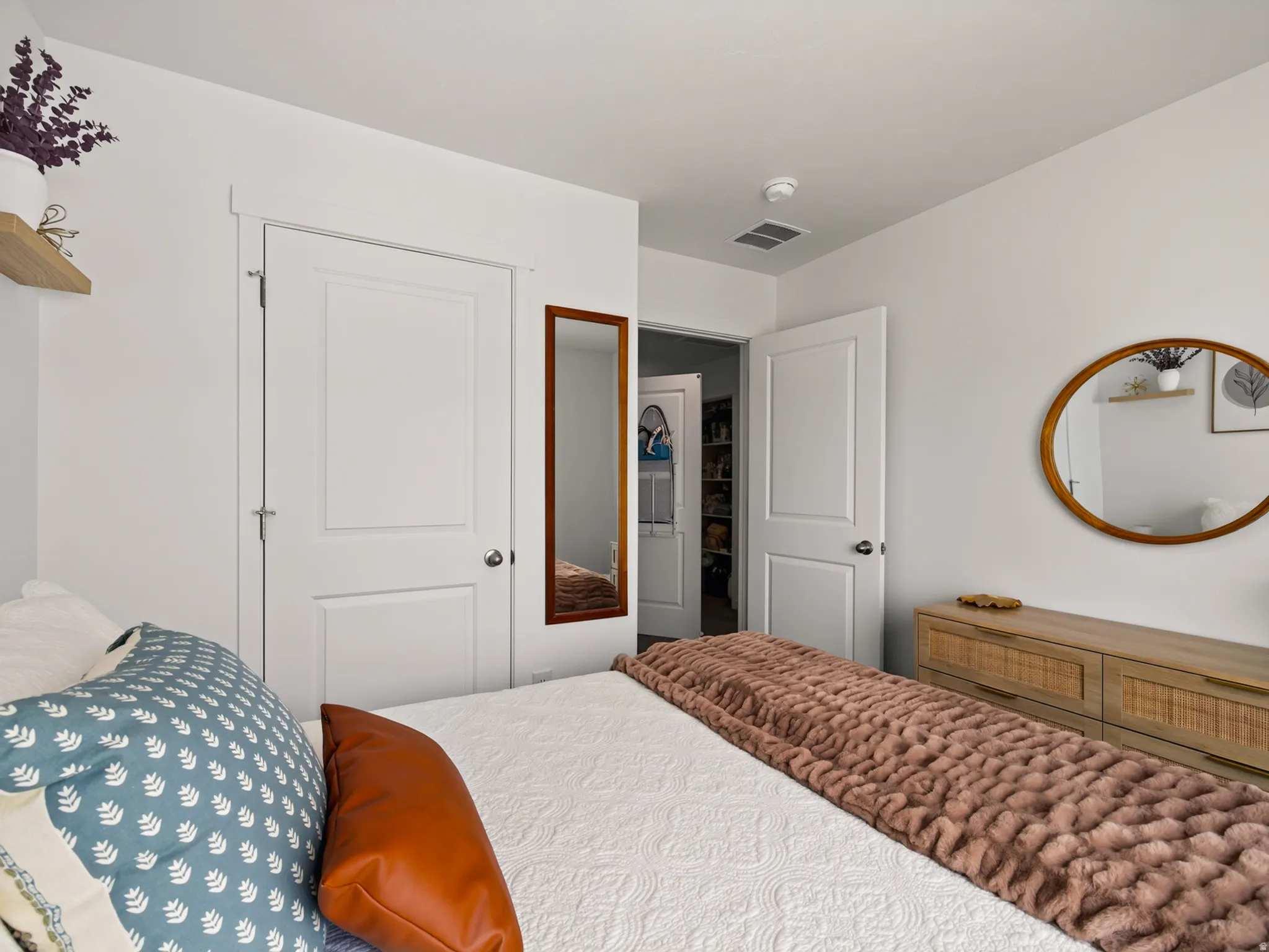 White paneled doors with black hardware, wood-framed mirror, and built-in shelving
