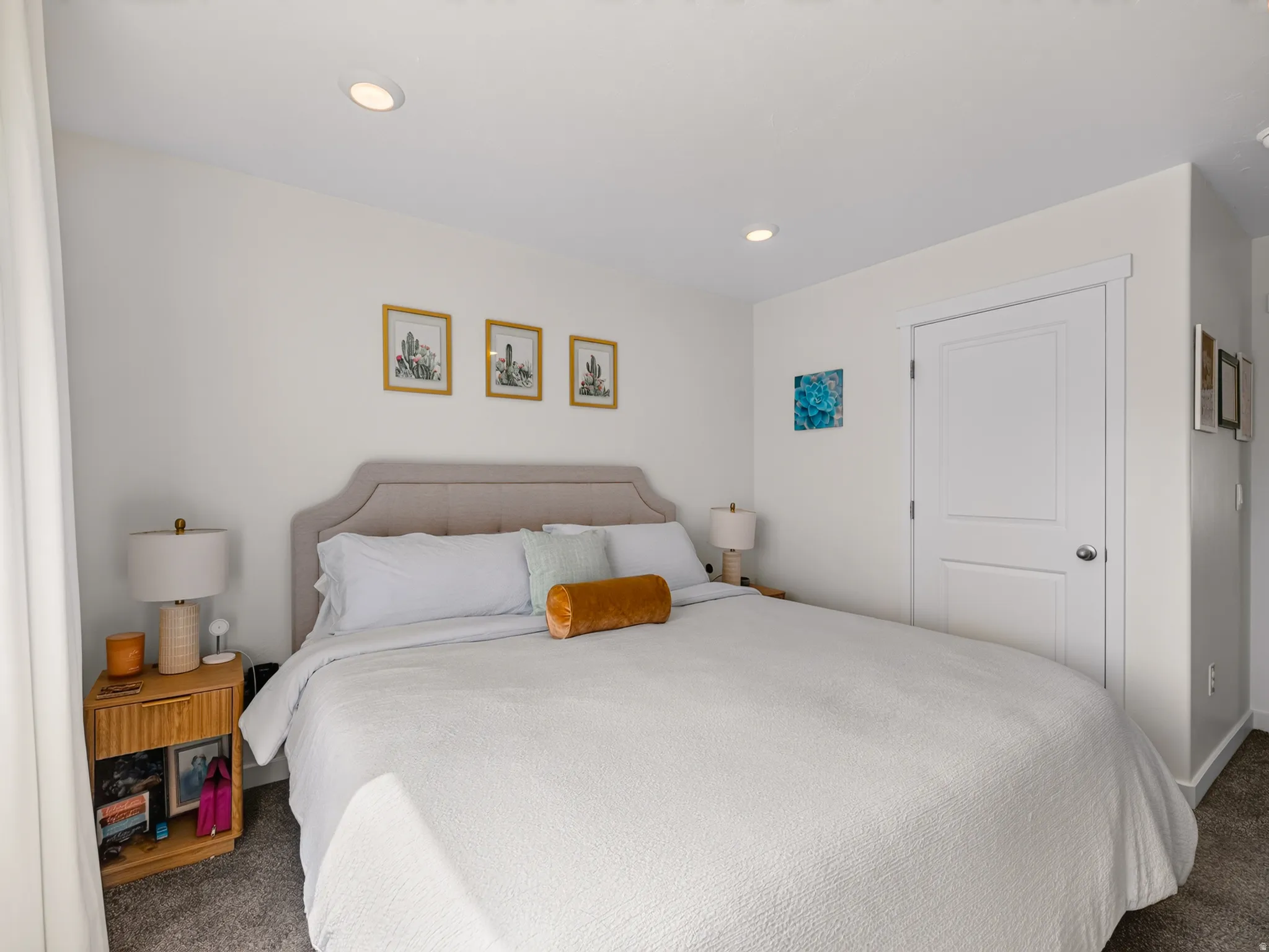 Recessed ceiling lighting, textured carpet flooring, white door with matte silver hardware, and a light-colored upholstered headboard