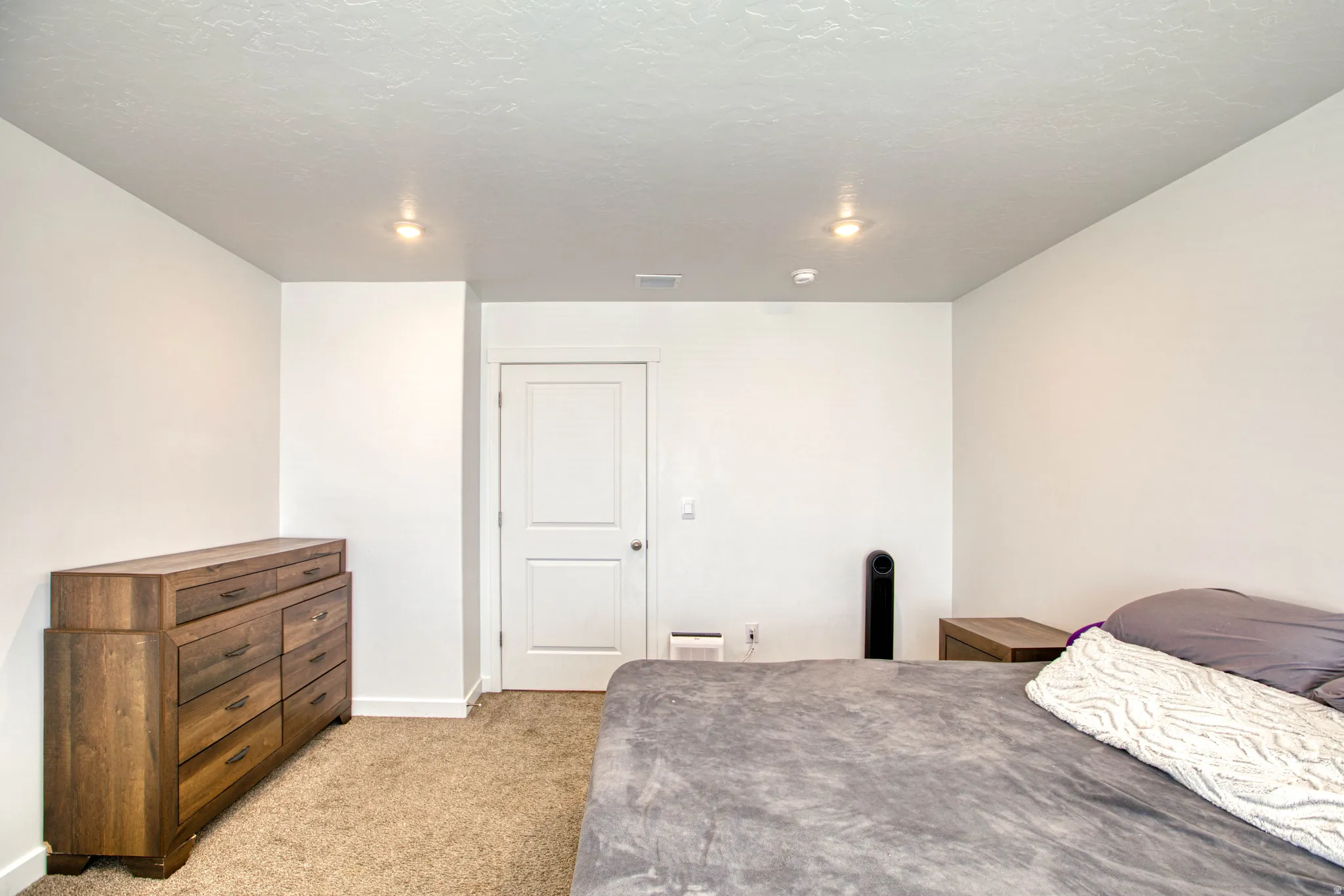 White interior door with panel detailing, light-colored walls, recessed ceiling lighting, and textured carpeting