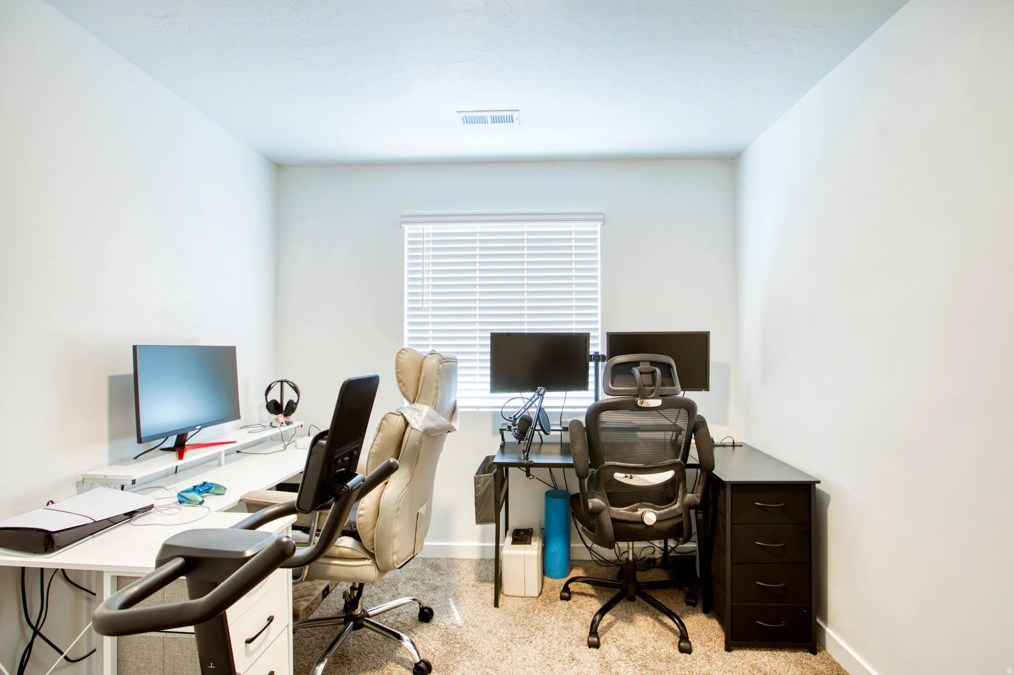 Neutral wall paint, window with blinds, and carpeted flooring