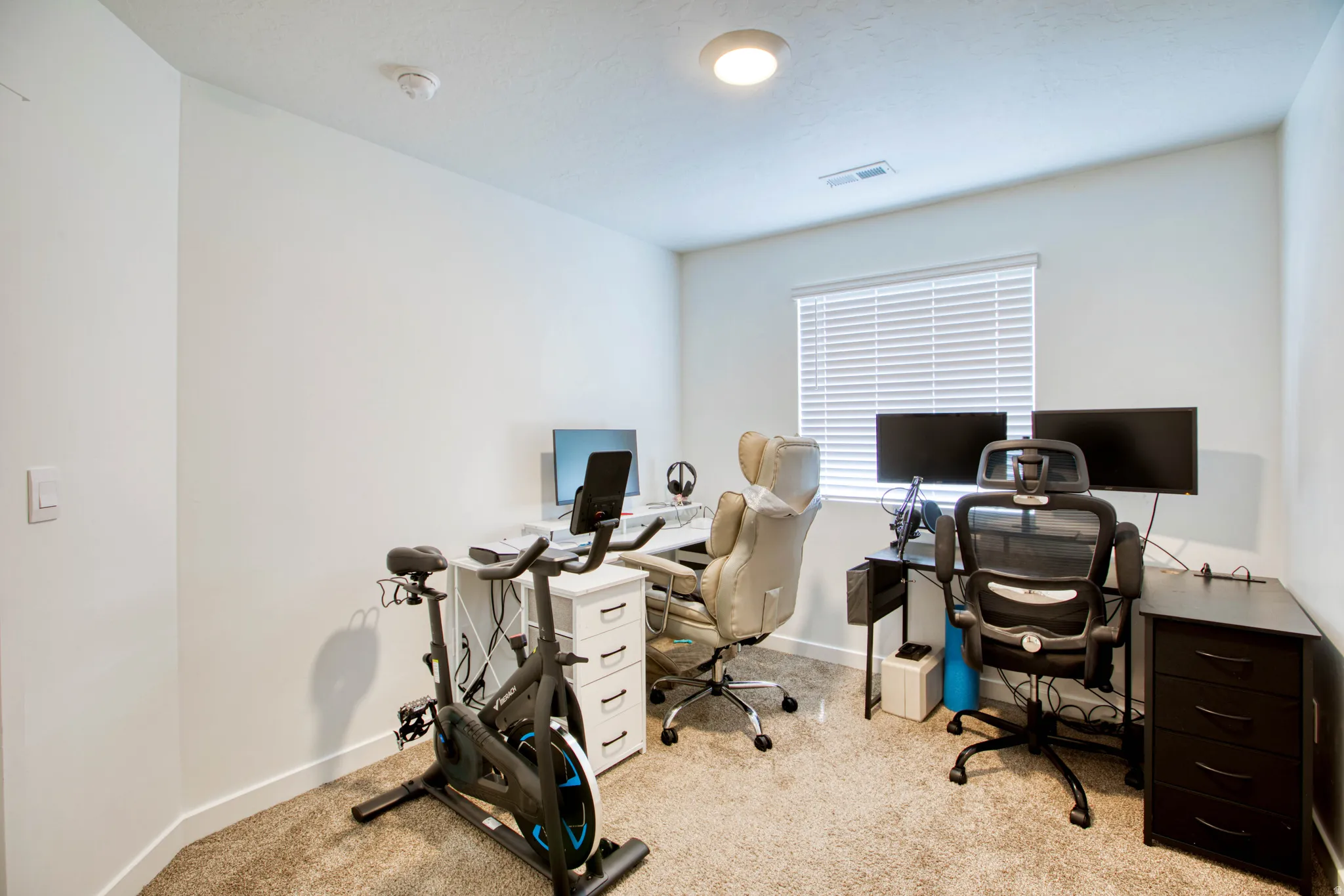 Carpeted flooring, window with blinds, ceiling-mounted light fixture, and white wall finishes