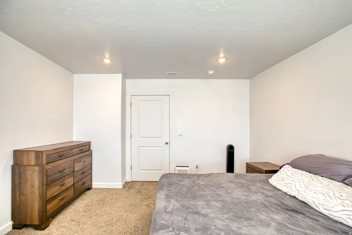 White interior door with panel detailing, light-colored walls, recessed ceiling lighting, and textured carpeting