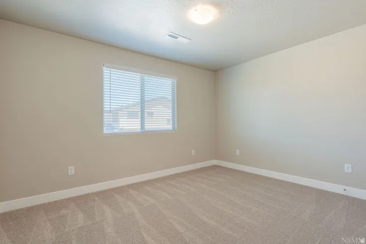 Neutral-toned walls, textured carpeting, window with horizontal blinds, and a flush-mount ceiling light