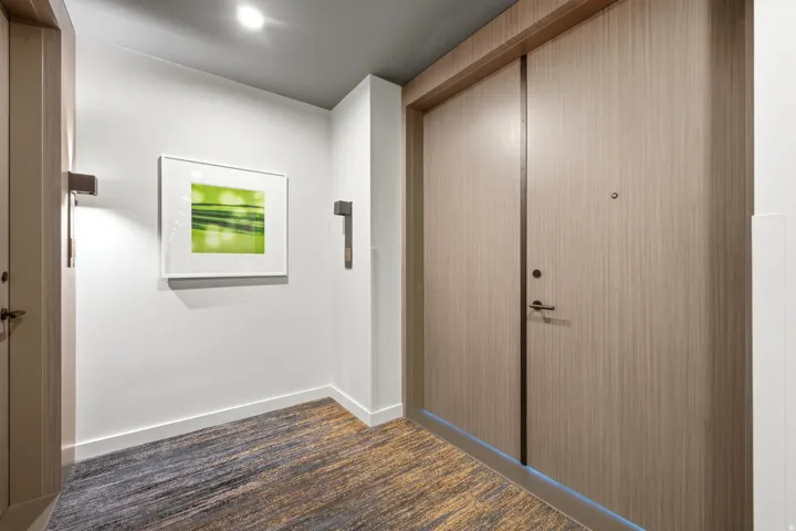 Modern entry door with wood-finish paneling, contemporary hardware, and a security peephole