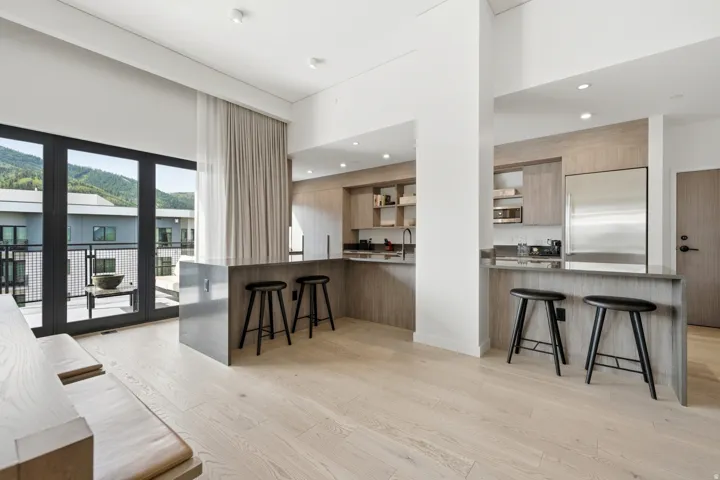 Light wood-finish flooring throughout, modern kitchen with stainless steel appliances, built-in cabinetry, recessed lighting, and expansive glass doors opening to an exterior space