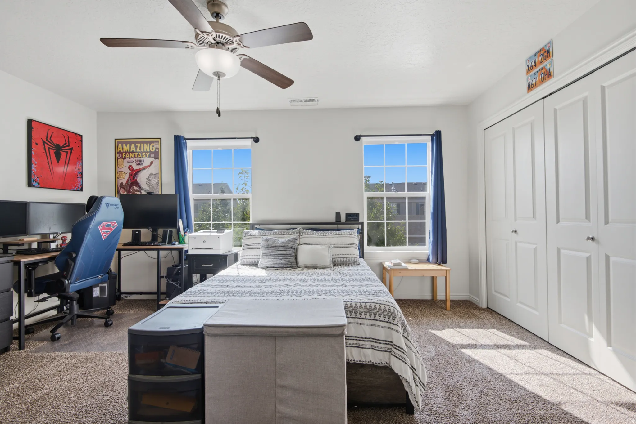 White walls with textured carpet flooring