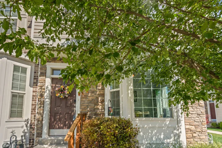 Architectural facade featuring a combination of brick and stone cladding, an entryway with a transom window, and a prominent bay window with grid-patterned panes