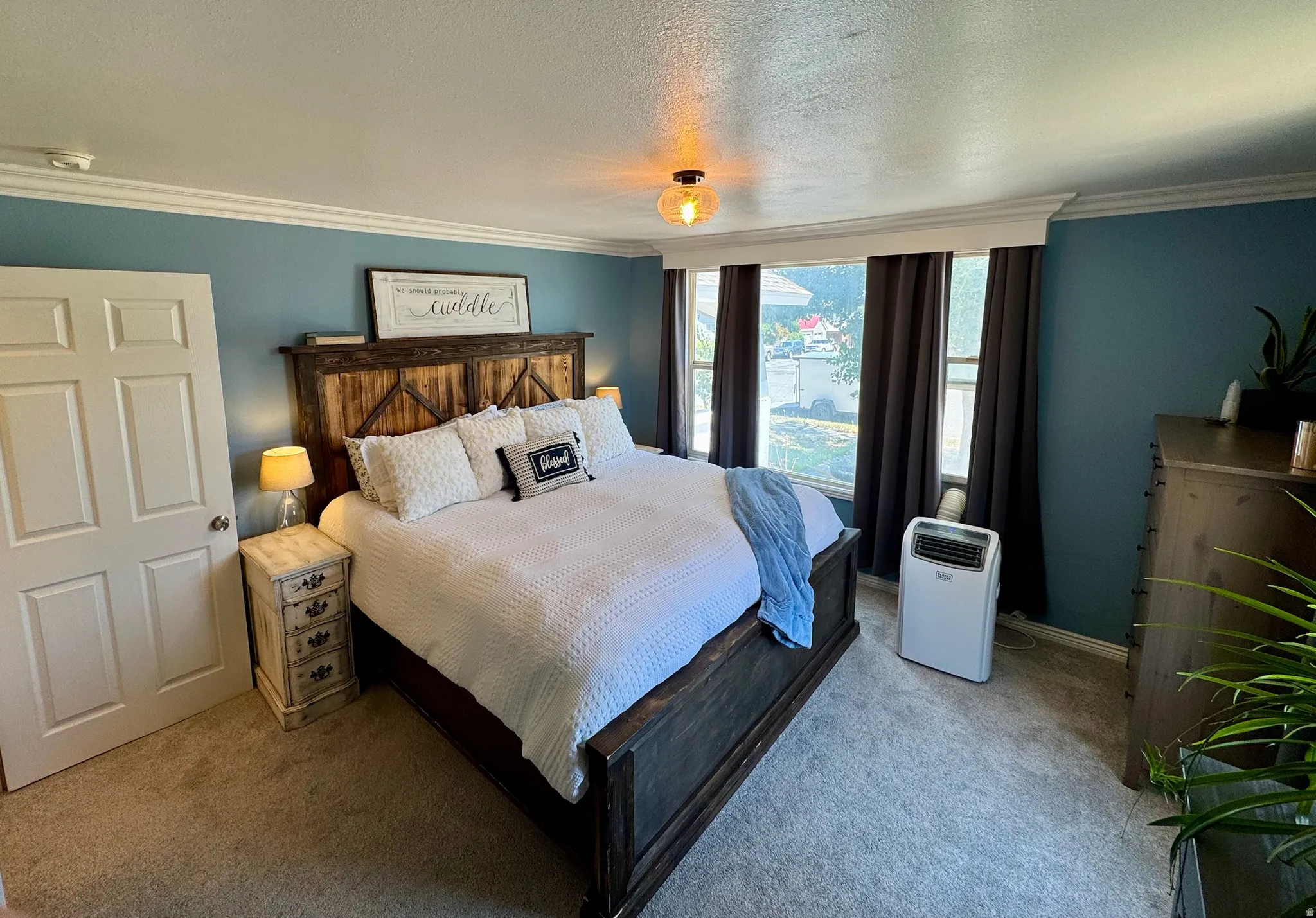 Master Suite. Tray ceiling with crown molding, natural light, six-panel interior door, plush carpet flooring, and a contemporary ceiling light fixture