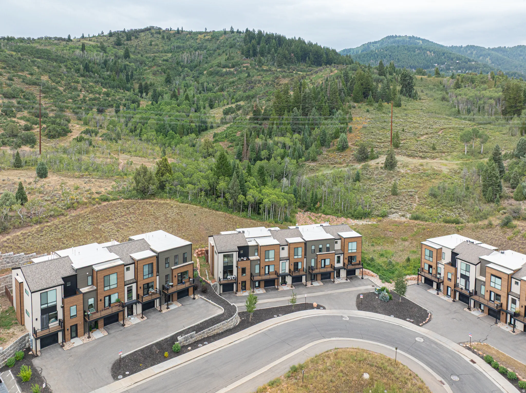Contemporary townhomes featuring multi-tone facades with wood-look siding, dark gray accents, and light-colored panels
