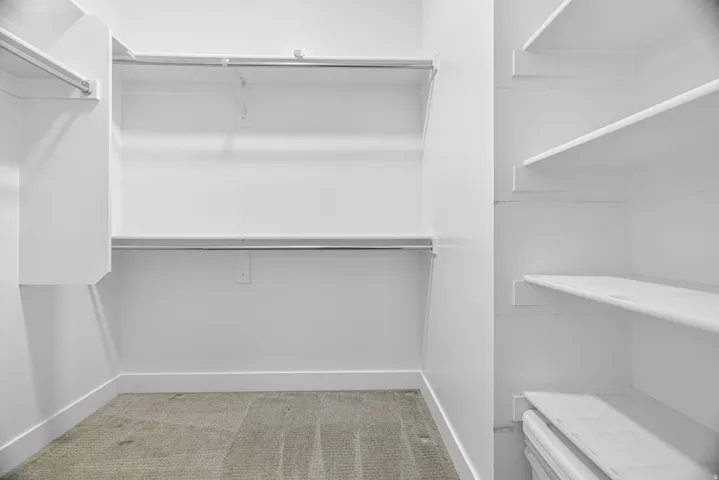 Walk-in closet featuring white built-in shelving, chrome hanging rods, and carpet flooring
