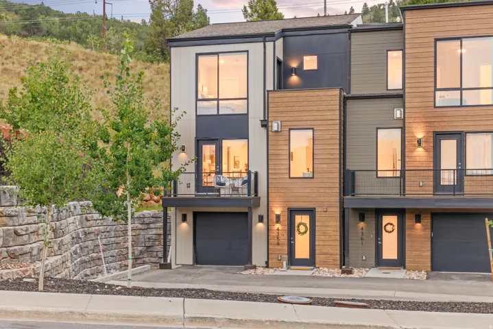 Modern facade featuring horizontal wood-tone siding and dark accent panels