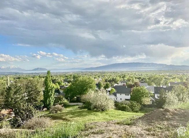 Expansive landscape featuring distant mountains, a large body of water, and a residential area with mature trees
