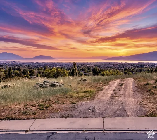 Expansive elevated lot with a gravel path, concrete curb, and asphalt road