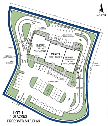 Proposed Site Plan. Layout of Lot 1, detailing building areas, tenant spaces, and parking for the property