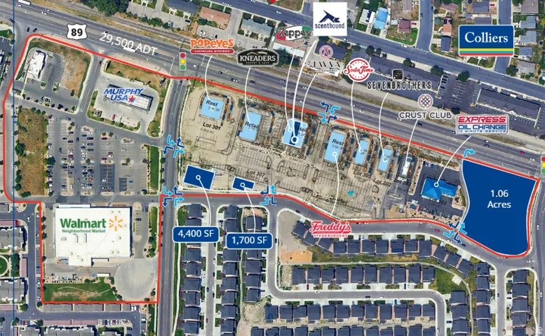 Site Plan. An aerial depiction of the property, indicating commercial establishments, square footage, and acreage