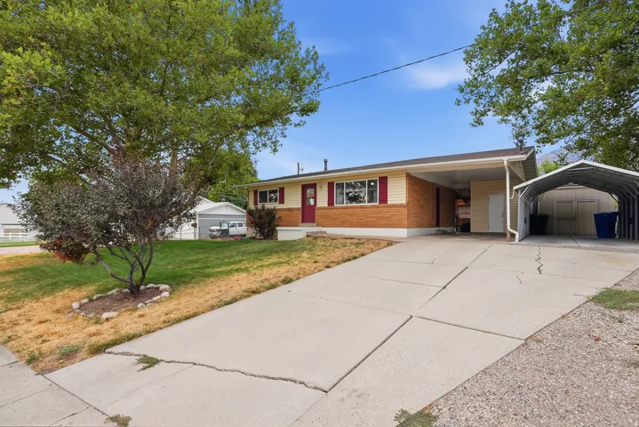 Brick and siding exterior with a covered carport, concrete driveway, and established trees