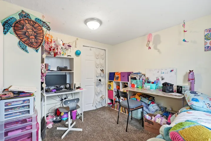 Carpeted flooring, white walls, flush-mount ceiling light, and a white interior door