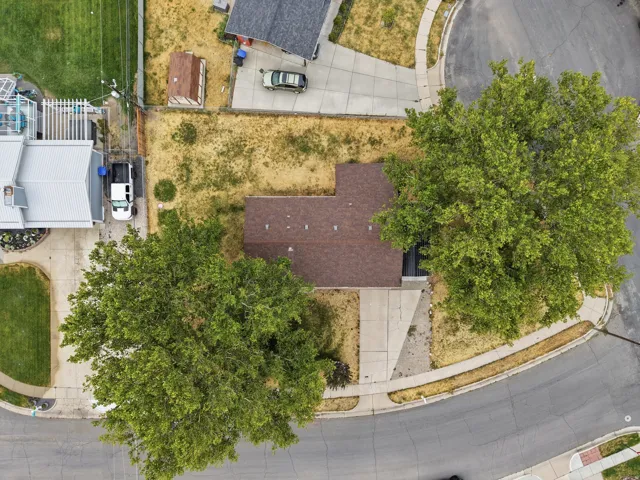 Single-story residence with a brown shingle roof, concrete driveway, and mature trees