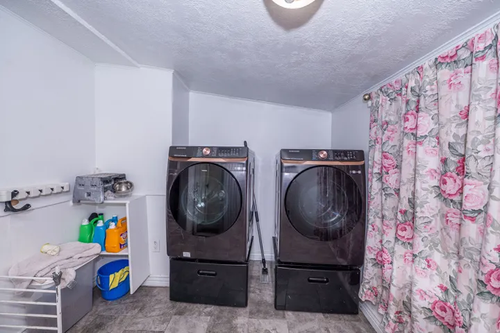 Laundry area with wood-finish flooring and a ceiling-mounted light fixture