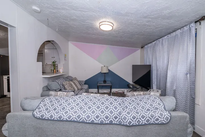Archway pass-through to the kitchen, overhead flush-mount lighting, and a window with curtain rod