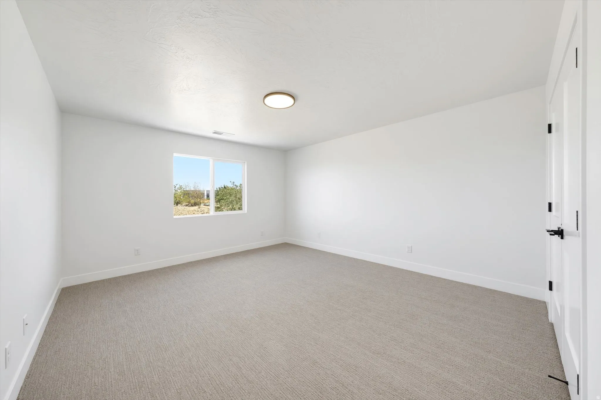 Neutral-toned carpeting, white walls, and a window providing natural illumination