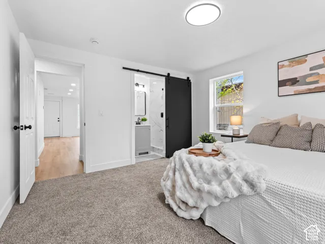Carpeted flooring, white walls, and a window with natural light