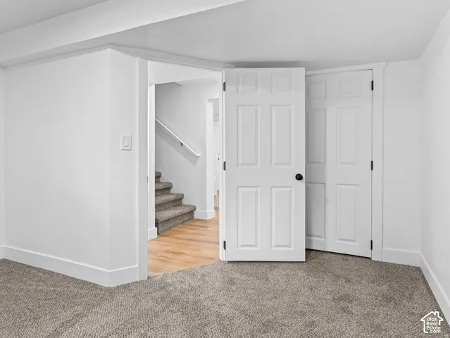 White paneled interior doors, textured carpet, light wood-finish flooring, white painted walls, and white baseboards