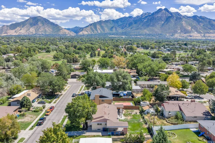 Mountain backdrop with a residential neighborhood featuring mature trees and established properties