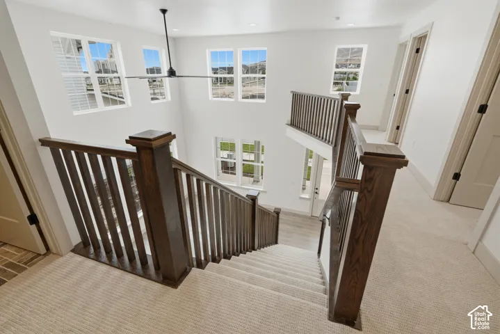 Multi-story interior with a dark wood-finish staircase and light carpeting