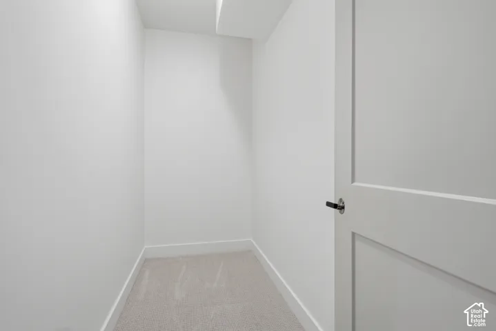 Carpeted floor with white walls and a white interior door featuring a black handle