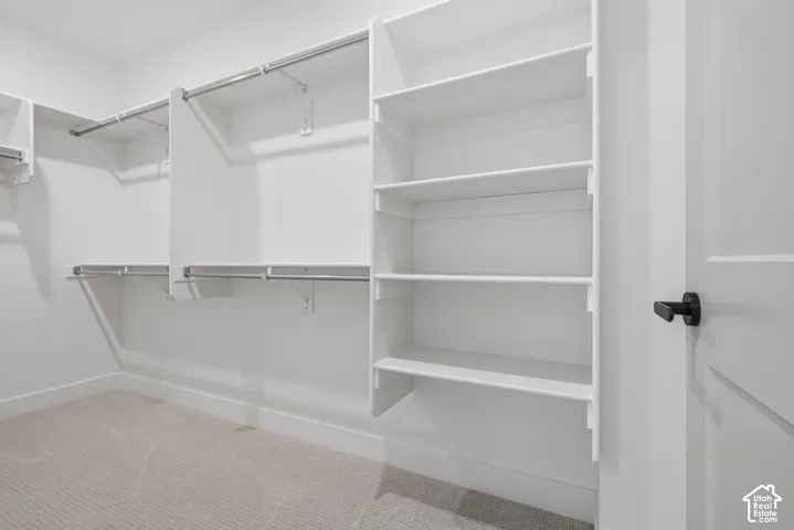 White built-in shelving, chrome hanging rods, and light-toned carpet