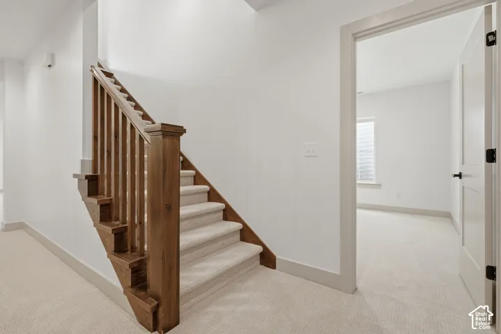 Staircase with wood-finish newel post and balusters, carpeted treads, and painted risers