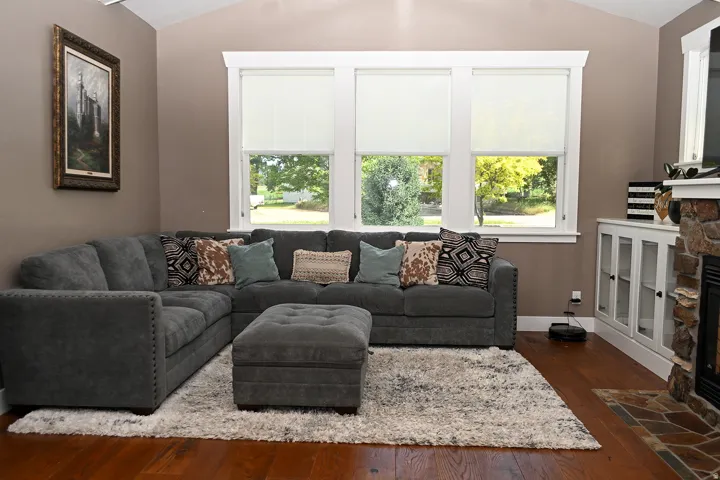 Hardwood-finish flooring, vaulted ceiling, multiple windows with roller shades, built-in display cabinetry, and a stone-clad fireplace