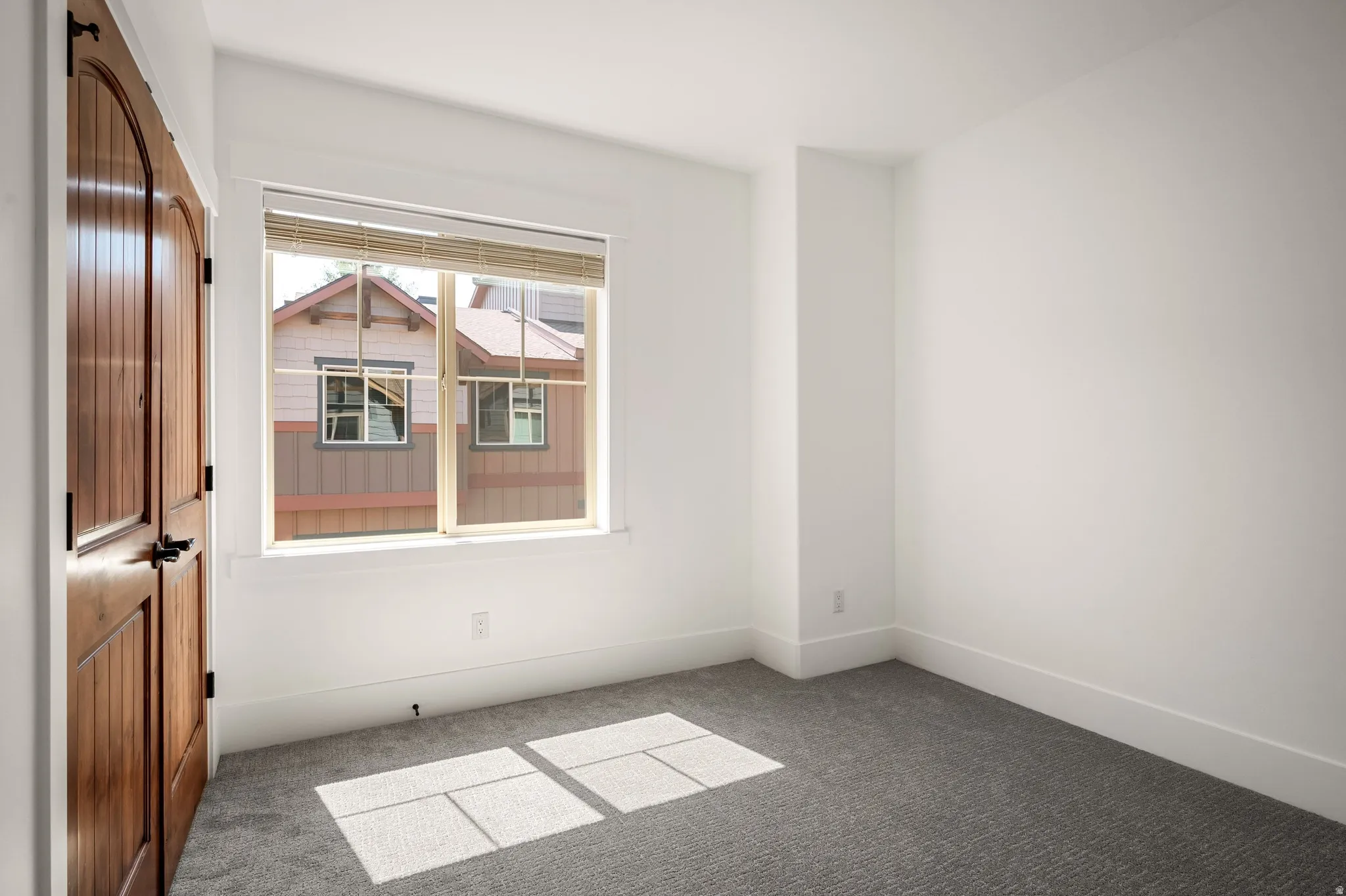 Light gray carpeting with white trim, a double window, and a wooden paneled door with black hardware