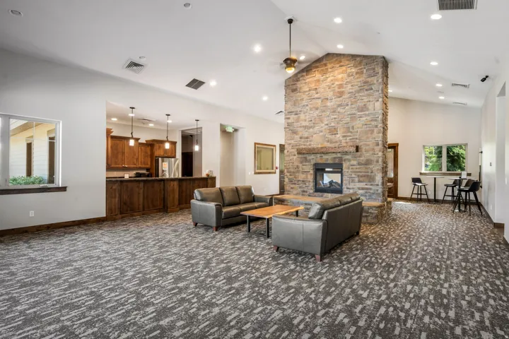 Vaulted ceiling with recessed lighting, stone-clad fireplace, wood-finish cabinetry, built-in bar, and contemporary patterned carpet