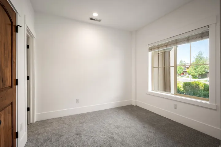 Arched wood-paneled door with dark hardware, recessed ceiling lighting, window with slatted blinds, and patterned carpeting