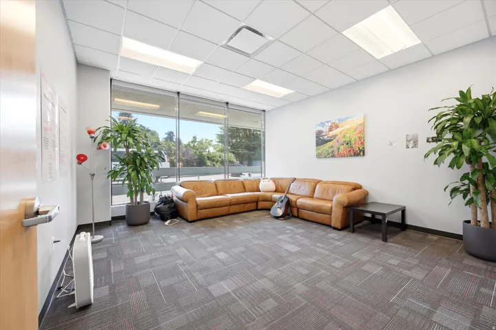 Recessed panel ceiling with integrated lighting, expansive window panels, and wall-to-wall patterned carpet