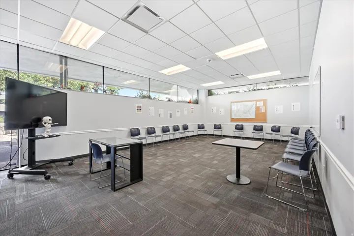 Expansive room featuring wall-to-wall carpeting, extensive upper perimeter windows, and a drop ceiling with integrated lighting
