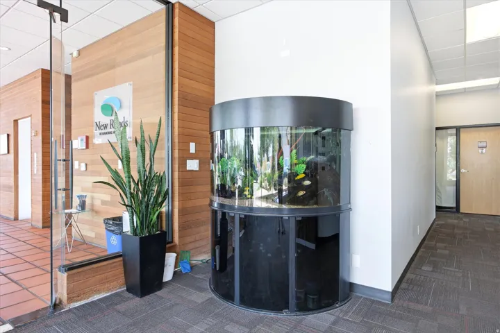 Glass entry door, wood-paneled wall, white interior walls, carpeted flooring, and acoustic tile ceiling