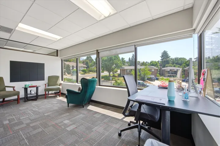 Expansive window wall, grey carpeting, white ceiling with integrated lighting, and a built-in office desk