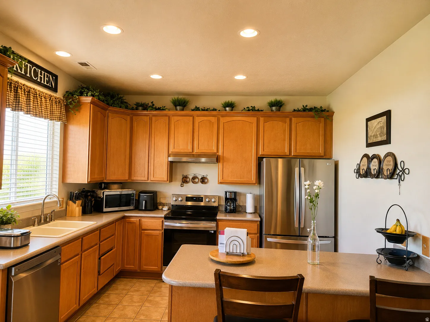 Recessed lighting, wood-finish cabinetry, stainless steel appliances, dual basin sink, and an integrated kitchen island