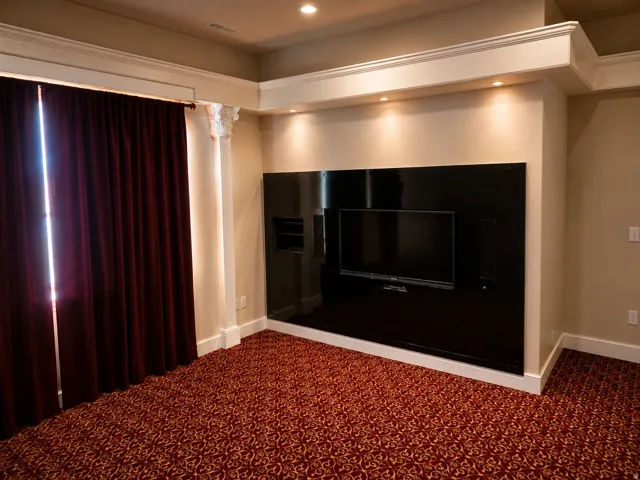 Built-in media center with recessed shelving, integrated television, and accent lighting